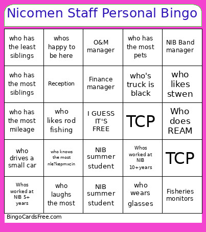 Nicomen Staff Personal Bingo Card