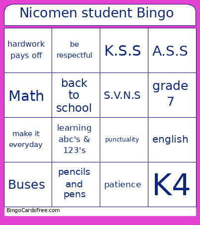 Nicomen Student Bingo Card