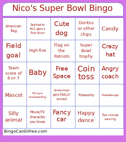 Nico's Super Bowl Bingo Card