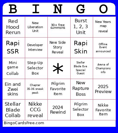 Nikke New Years Live Stream Bingo Card