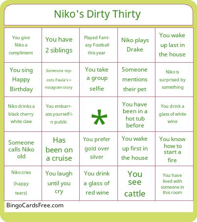 Niko's Dirty Thirty Bingo Cards Free Pdf Printable Game, Title: Niko's Dirty Thirty