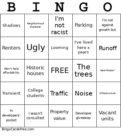 NIMBY Bingo Card