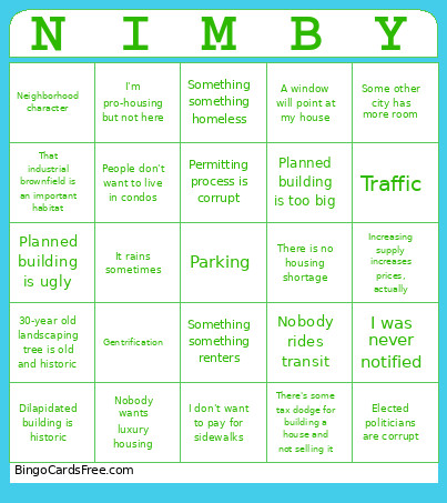 Nimby Bingo Card