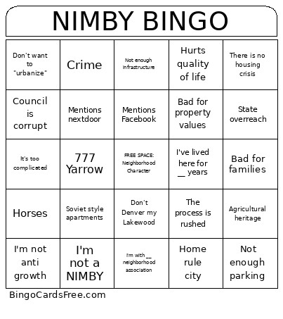 Nimby Bingo Card