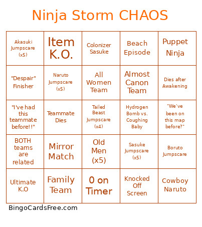 Ninja Storm CHAOS Bingo Card