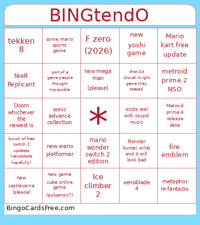Nintedo Direct Bingo Card