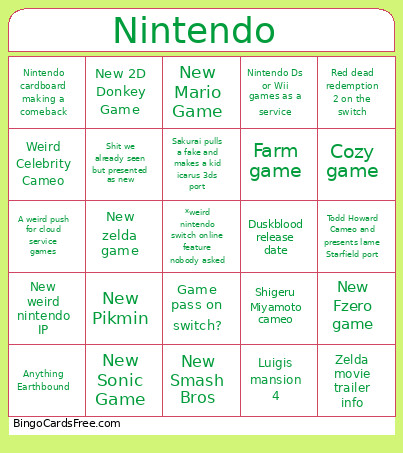 Nintendo Bingo Card