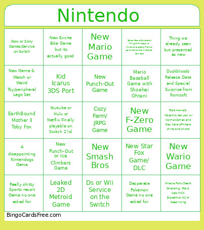 Nintendo Bingo Card