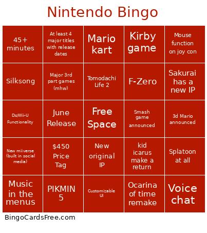 Nintendo Bingo Card