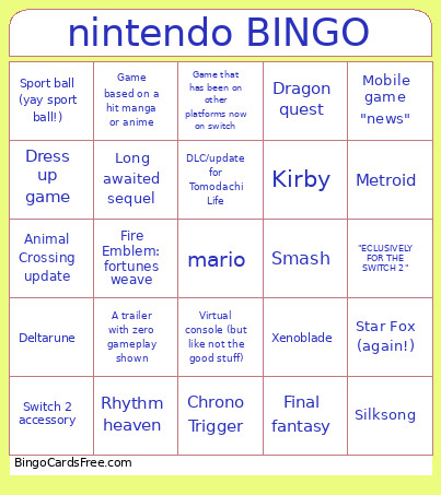 Nintendo Bingo Card
