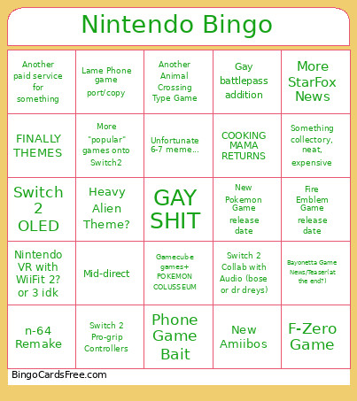 Nintendo Bingo Card