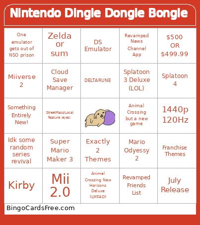 Nintendo Dingle Dongle Bongle Bingo Card