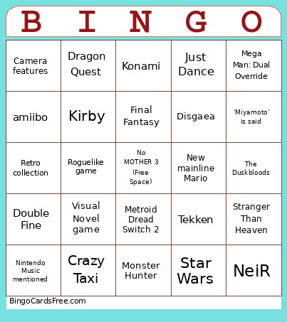 Nintendo Direct 08/09/2026 Bingo Card