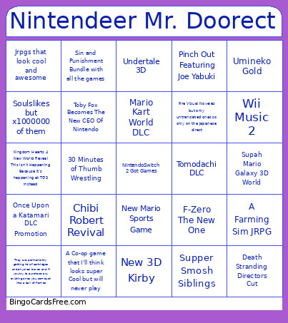 Nintendo Direct 09/09/26 Bingo Card