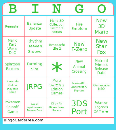 Nintendo Direct Bingo Card 3