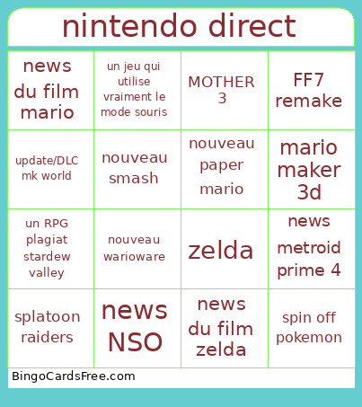 Nintendo Direct Bingo Card