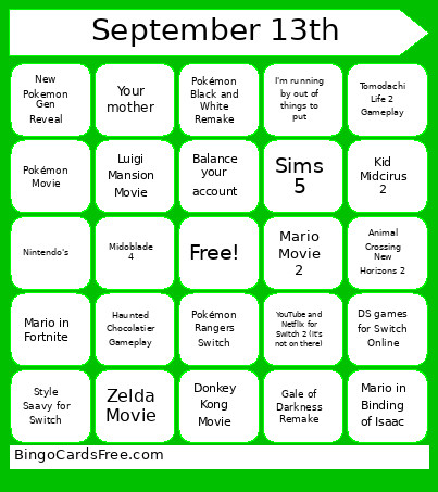 Nintendo Direct Bingo Card 2