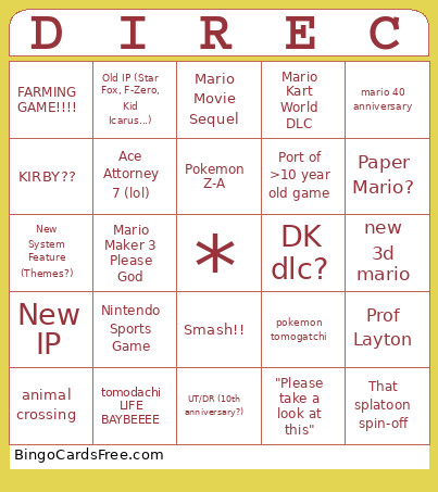 NINTENDO DIRECT Bingo Card