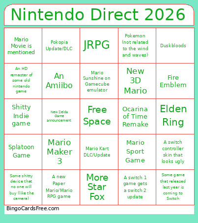 Nintendo Direct 2026 Bingo Card