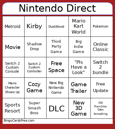 Nintendo Direct 2026 Pk Bingo Card