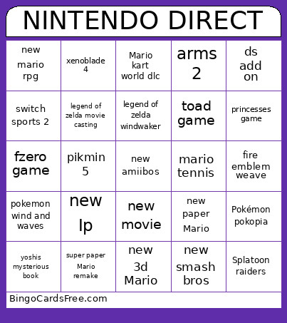 Nintendo Direct Bingo Card
