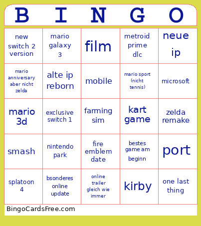 Nintendo Direct Bingo Card