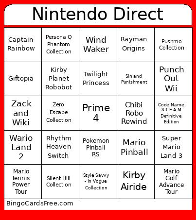 Nintendo Direct Bingo Card
