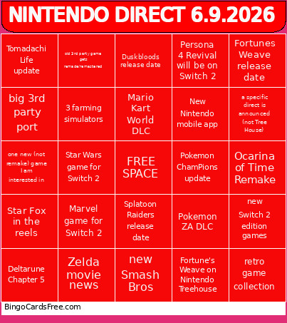 NINTENDO DIRECT 6.9.2026 Bingo Card