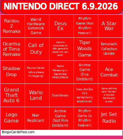 NINTENDO DIRECT 6.9.2026 Bingo Card