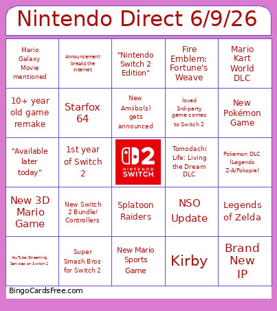 Nintendo Direct 6/9/26 Bingo Card