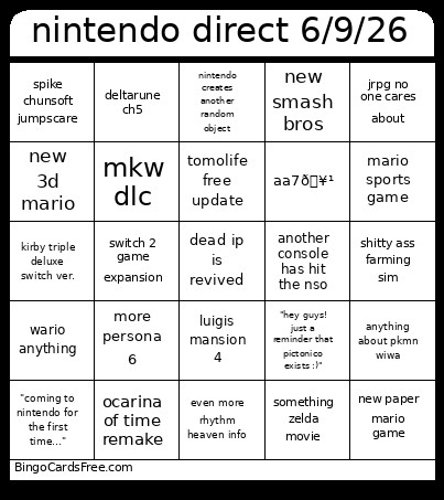 Nintendo Direct 6/9/26 Bingo Card