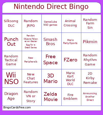 Nintendo Direct 6-9-26 Bingo Card