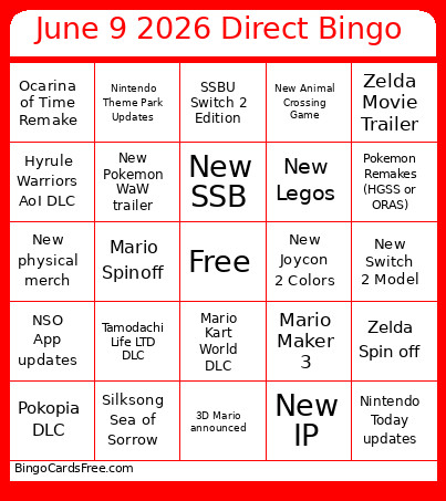Nintendo Direct 6/9/26 Bingo Card