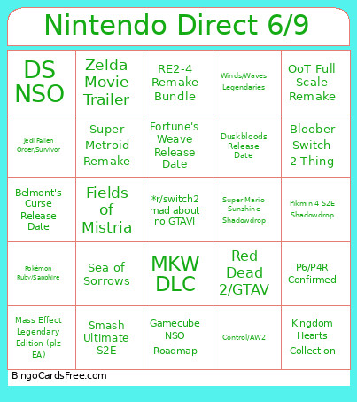 Nintendo Direct 6/9 Bingo Card
