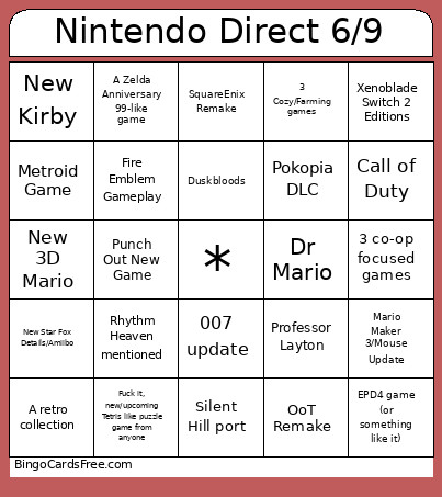 Nintendo Direct 6/9 Bingo Card 2