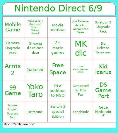 Nintendo Direct 6/9 Bingo Card