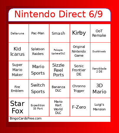 Nintendo Direct 6/9 Bingo Card