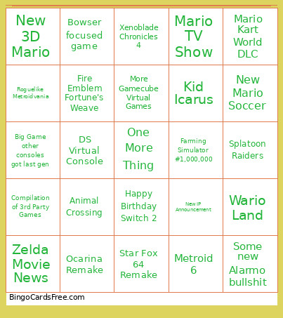 Nintendo Direct Bingo Card