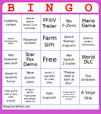 Nintendo Direct Bingo Card