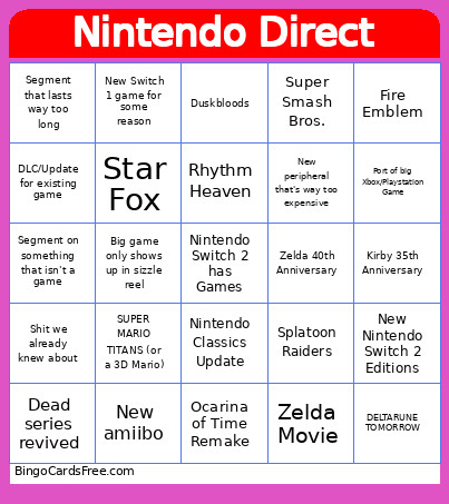 Nintendo Direct Bingo Card