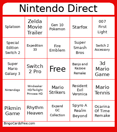 Nintendo Direct Bingo Card