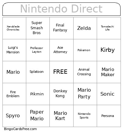 Nintendo Direct Bingo Card 3