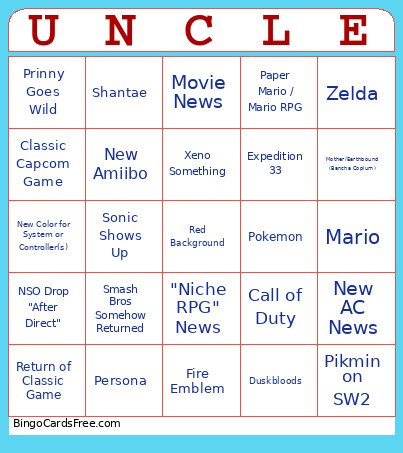 Nintendo Direct Bingo Card