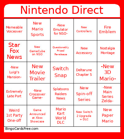 Nintendo Direct Bingo Card 2