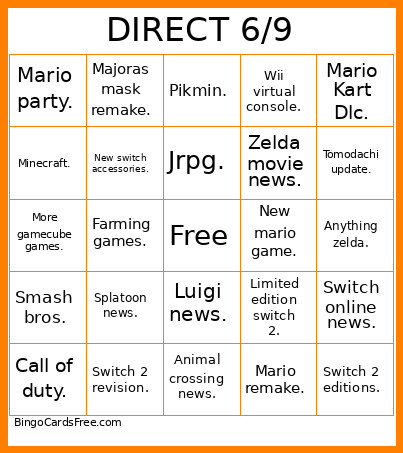 Nintendo Direct Bingo Card