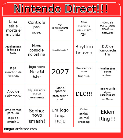 Nintendo Direct!!! Bingo Card