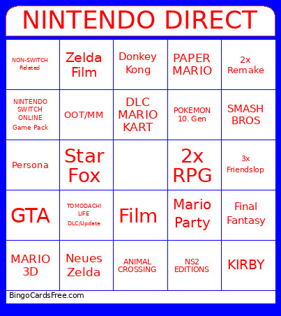 NINTENDO DIRECT Bingo Card