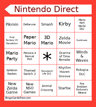 Nintendo Direct Bingo Card