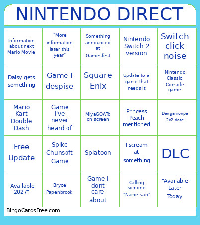 Nintendo Direct Bingo Card