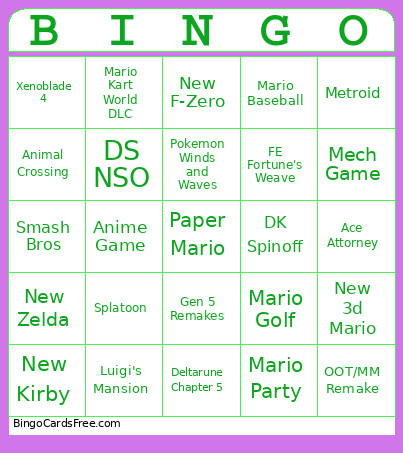Nintendo Direct Bingo Card